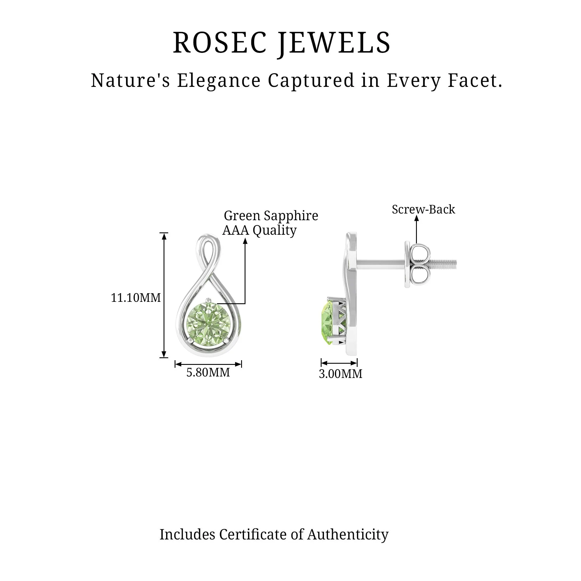0.75 CT Green Sapphire Solitaire Infinity Stud Earrings in Gold