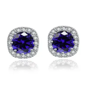 10k White Gold 2 Ct Round Created Blue Sapphire CZ Halo Stud Earrings Plated