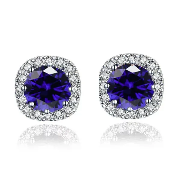 10k White Gold 2 Ct Round Created Blue Sapphire CZ Halo Stud Earrings Plated