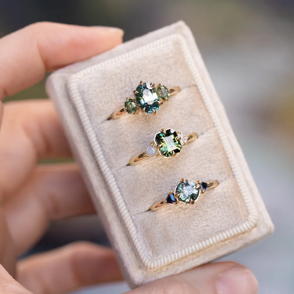 1.21ct Tanzanian Earthy Sapphire and Trillion Blue Sapphire Low Profile Ring in 14k Yellow Gold