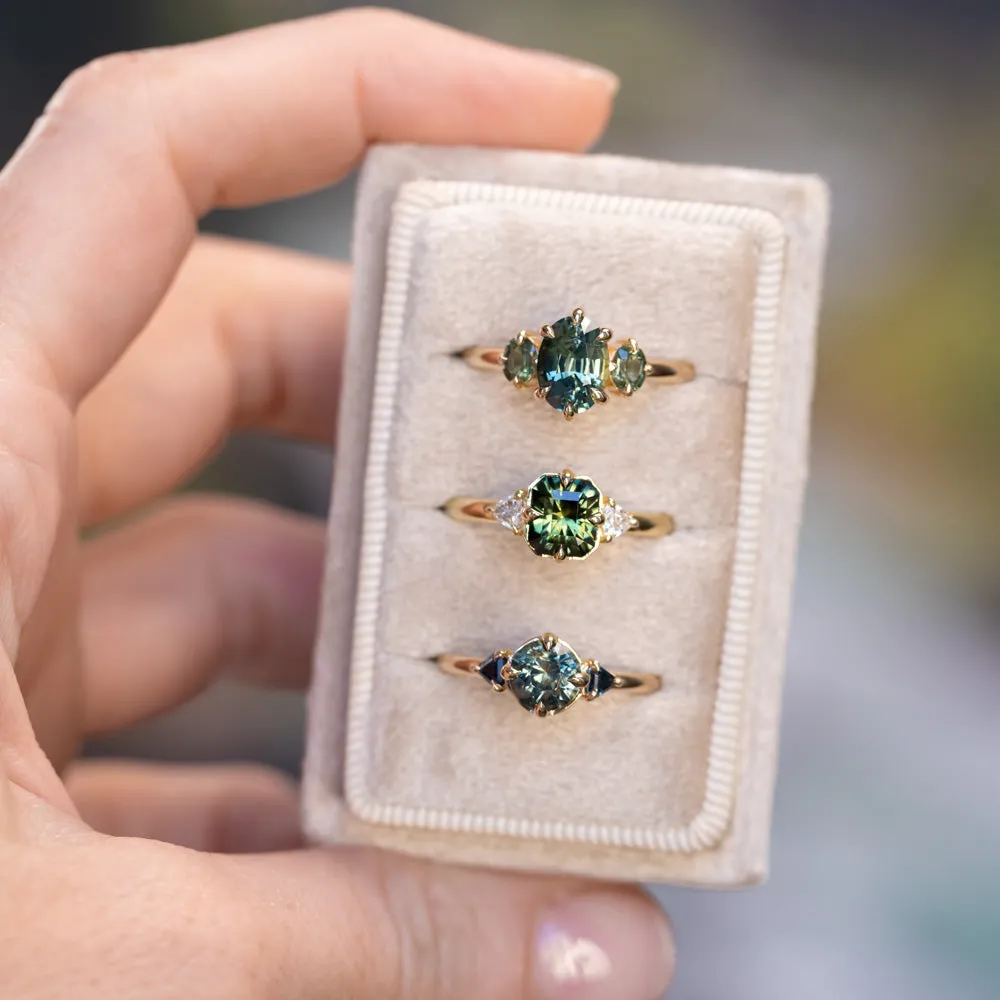 1.21ct Tanzanian Earthy Sapphire and Trillion Blue Sapphire Low Profile Ring in 14k Yellow Gold