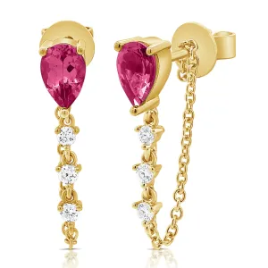 14K Gold Pink Sapphire & Diamond Dangle Stud Chain Earrings