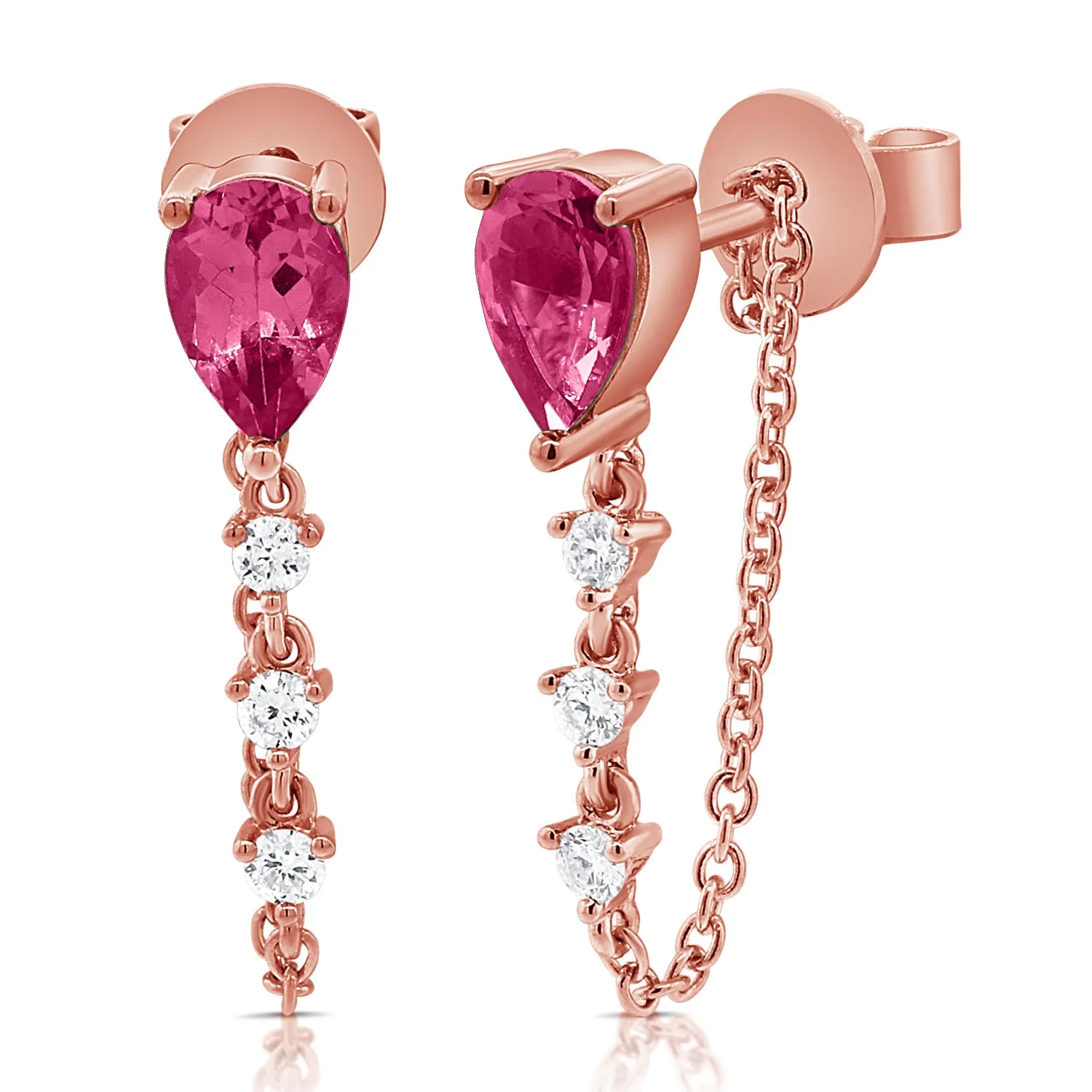 14K Gold Pink Sapphire & Diamond Dangle Stud Chain Earrings