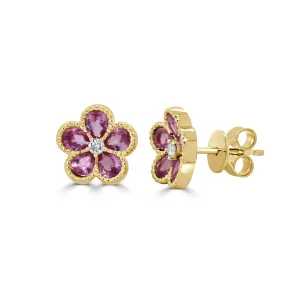 14K Gold Round Diamond and Pear Pink Sapphire Flower Earrings