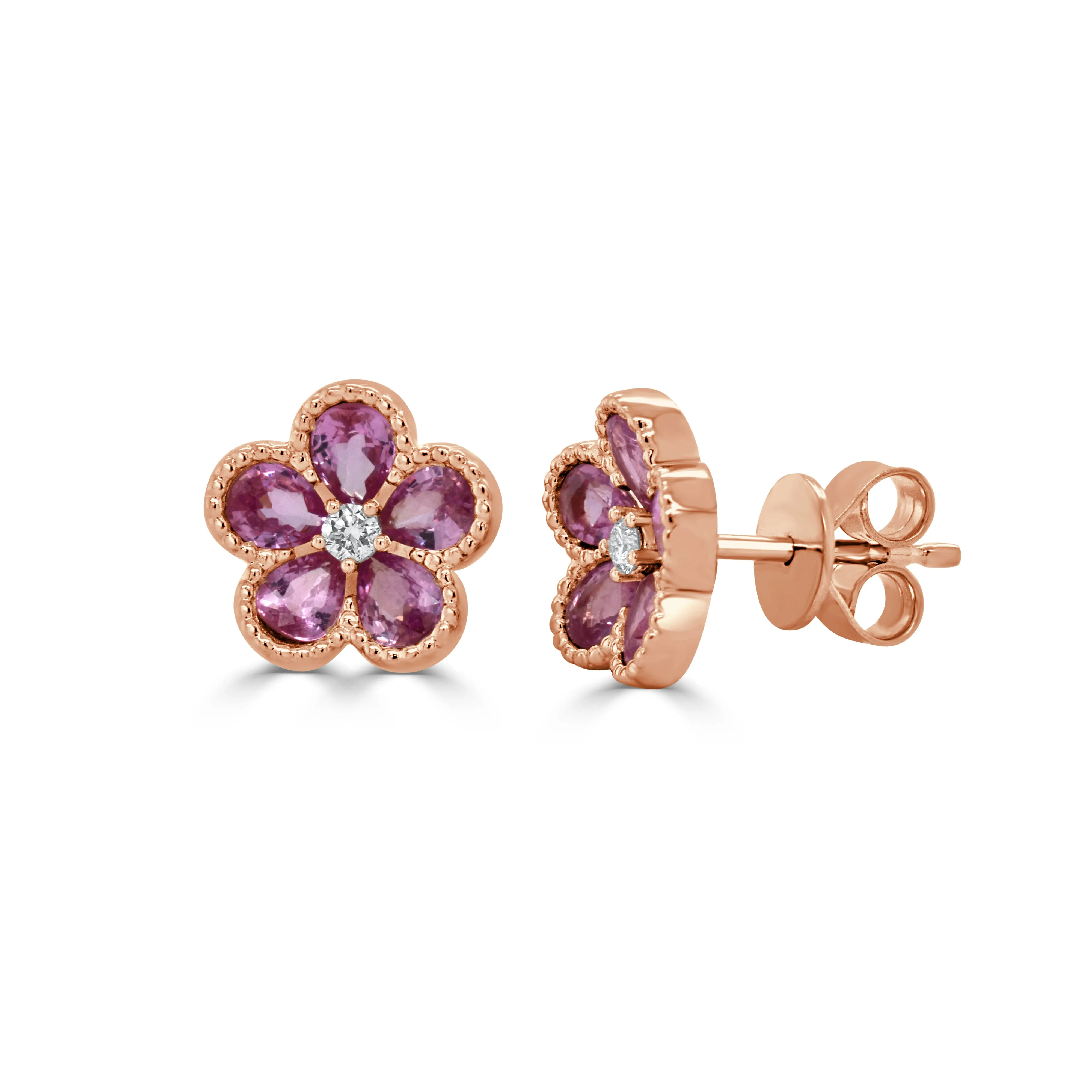 14K Gold Round Diamond and Pear Pink Sapphire Flower Earrings
