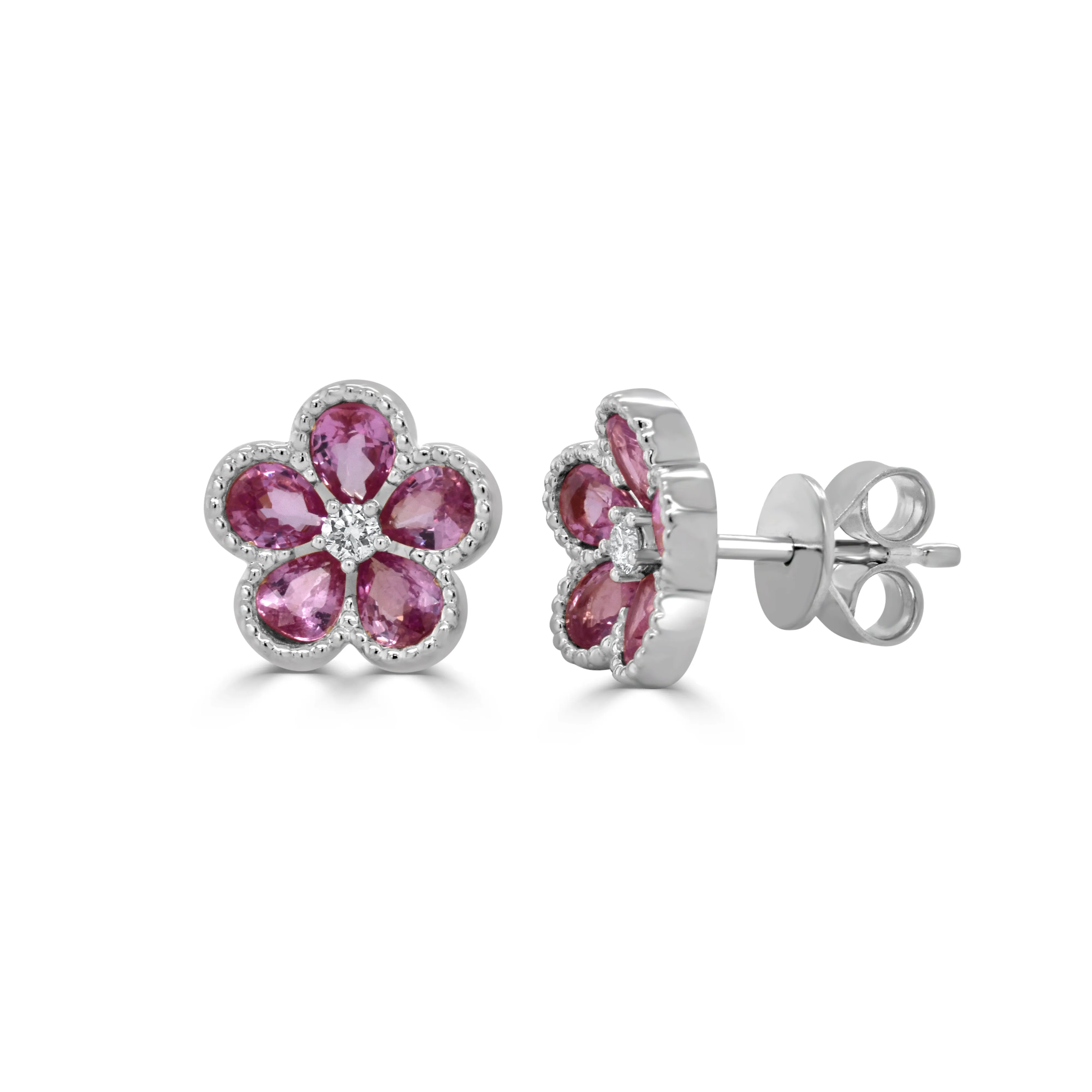 14K Gold Round Diamond and Pear Pink Sapphire Flower Earrings