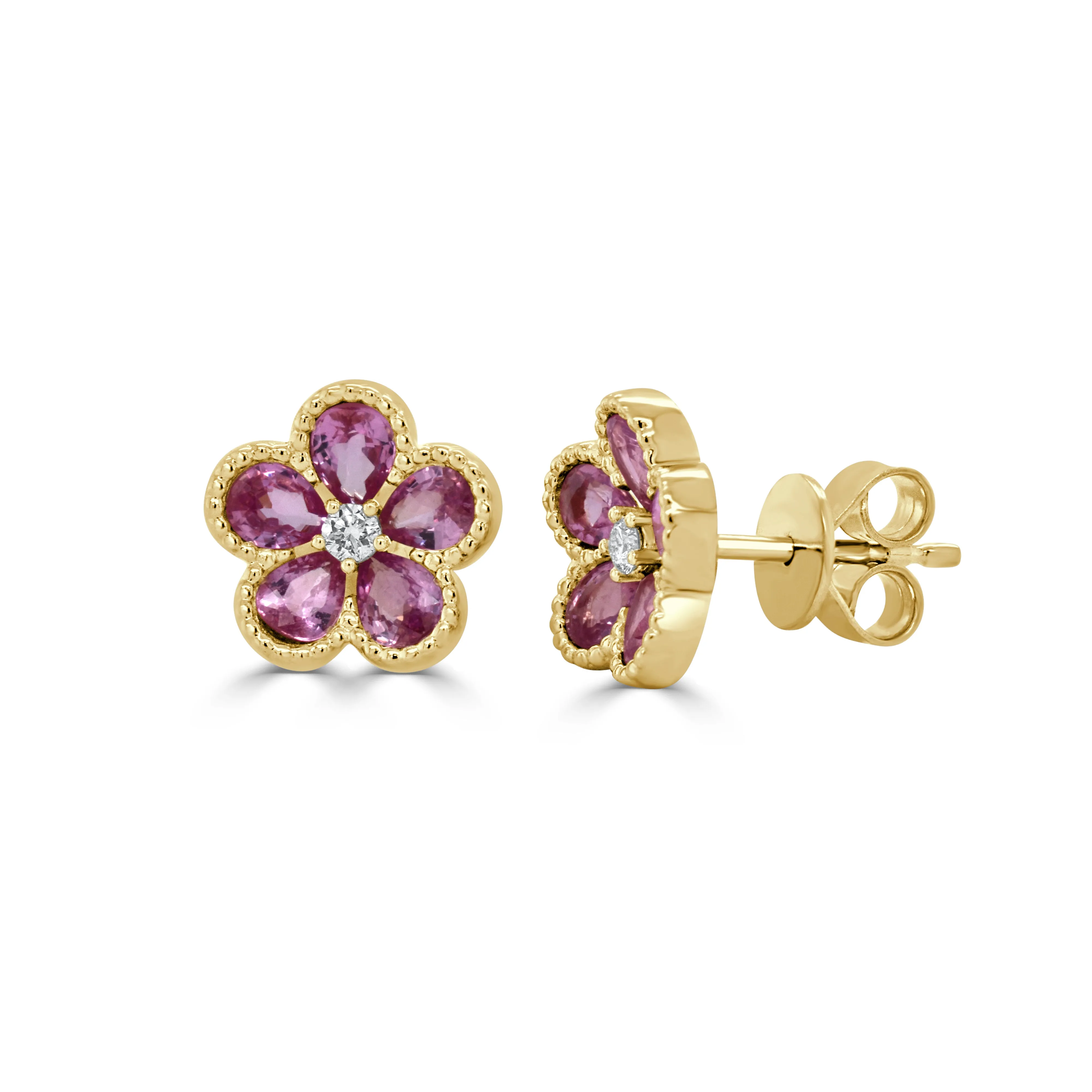14K Gold Round Diamond and Pear Pink Sapphire Flower Earrings