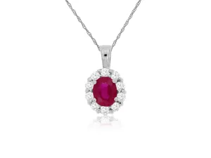 14K W Gold 0.40ct Ruby 0.20cttw H/SI1 Diamond Halo Pendant