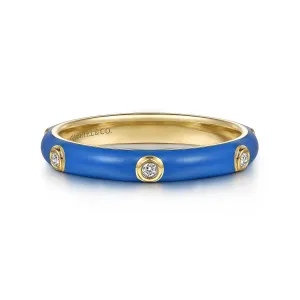 14K Yellow Blue Enamel and Natural Diamond Ring Size 6.5
