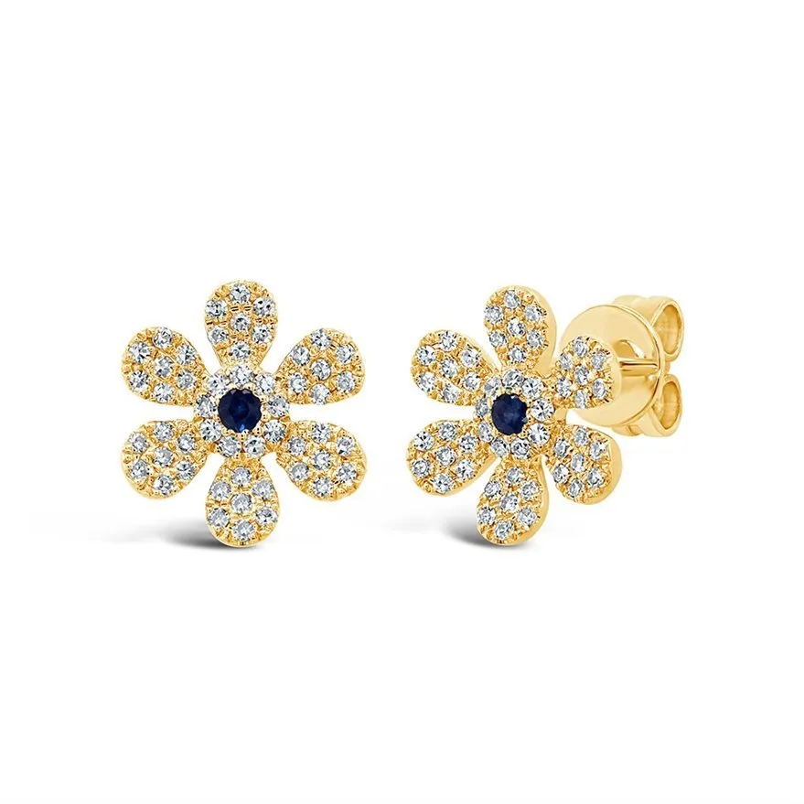 14KT GOLD .05 CTW BLUE SAPPHIRE & .24 CTW DIAMOND FLOWER EARRINGS
