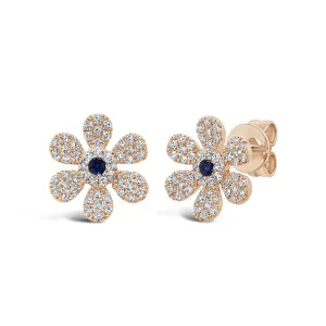 14KT GOLD .05 CTW BLUE SAPPHIRE & .24 CTW DIAMOND FLOWER EARRINGS