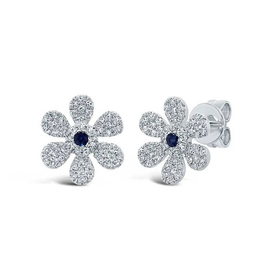 14KT GOLD .05 CTW BLUE SAPPHIRE & .24 CTW DIAMOND FLOWER EARRINGS
