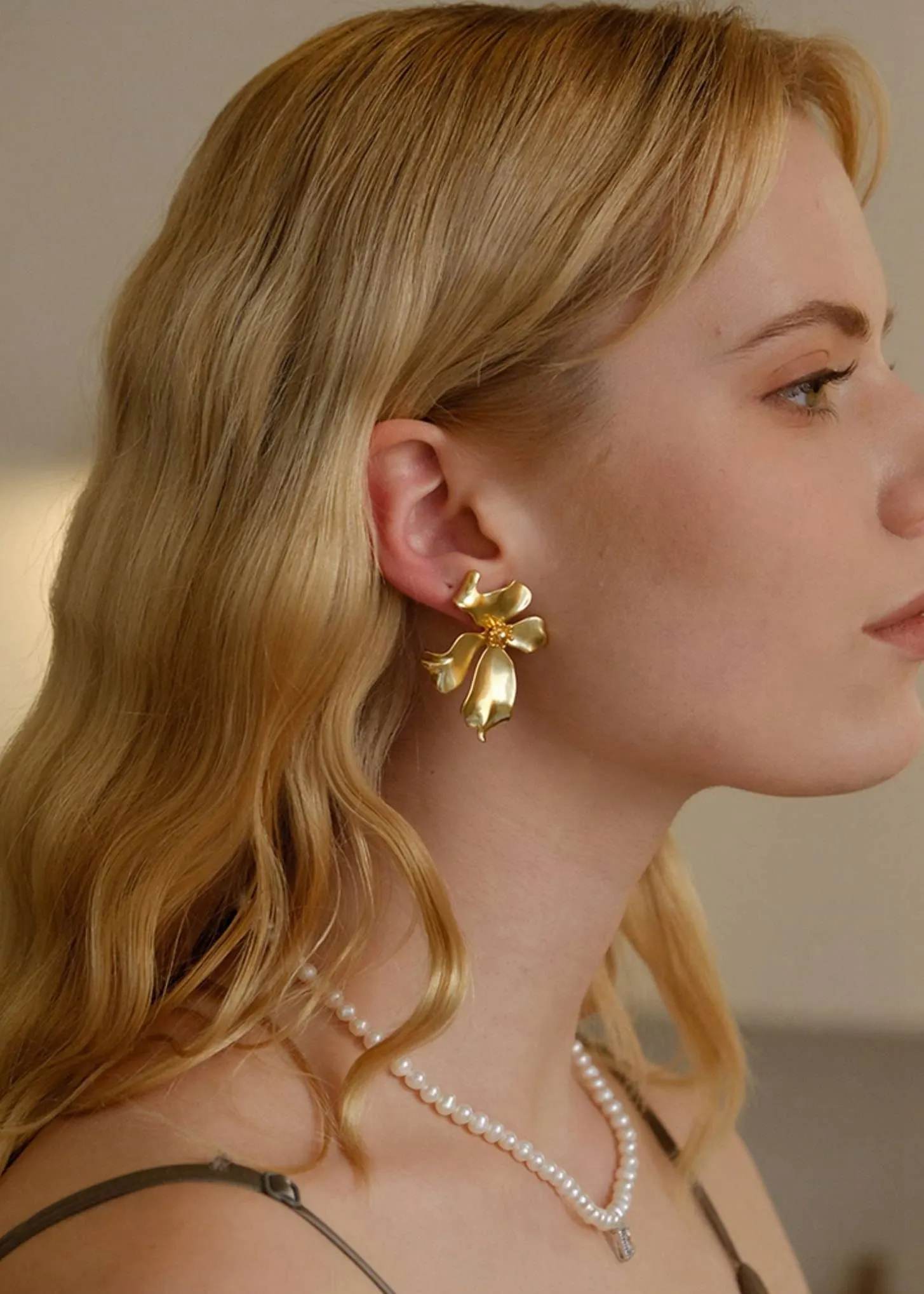 18K Gold Plate Floral Statement Stud Earrings