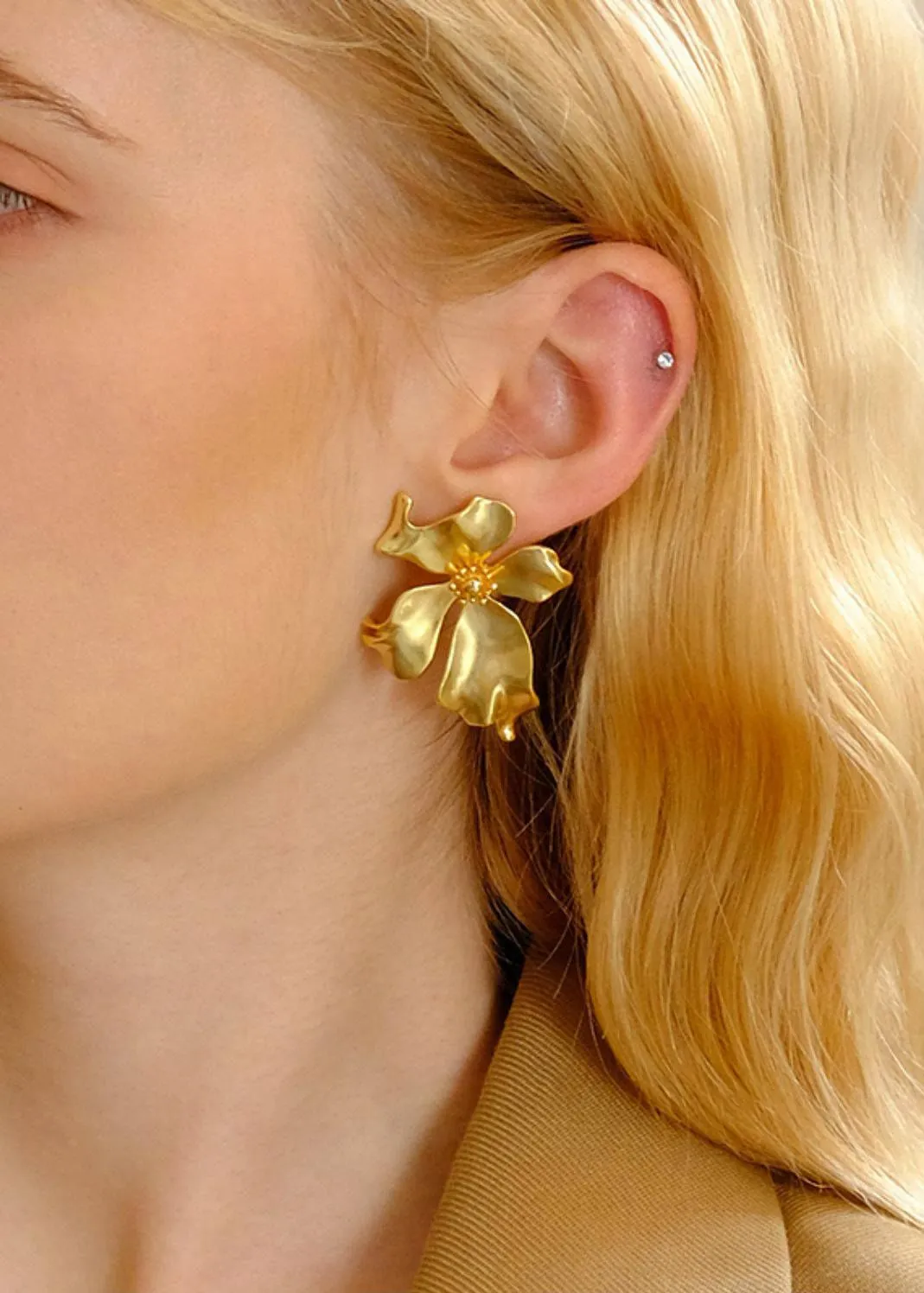 18K Gold Plate Floral Statement Stud Earrings