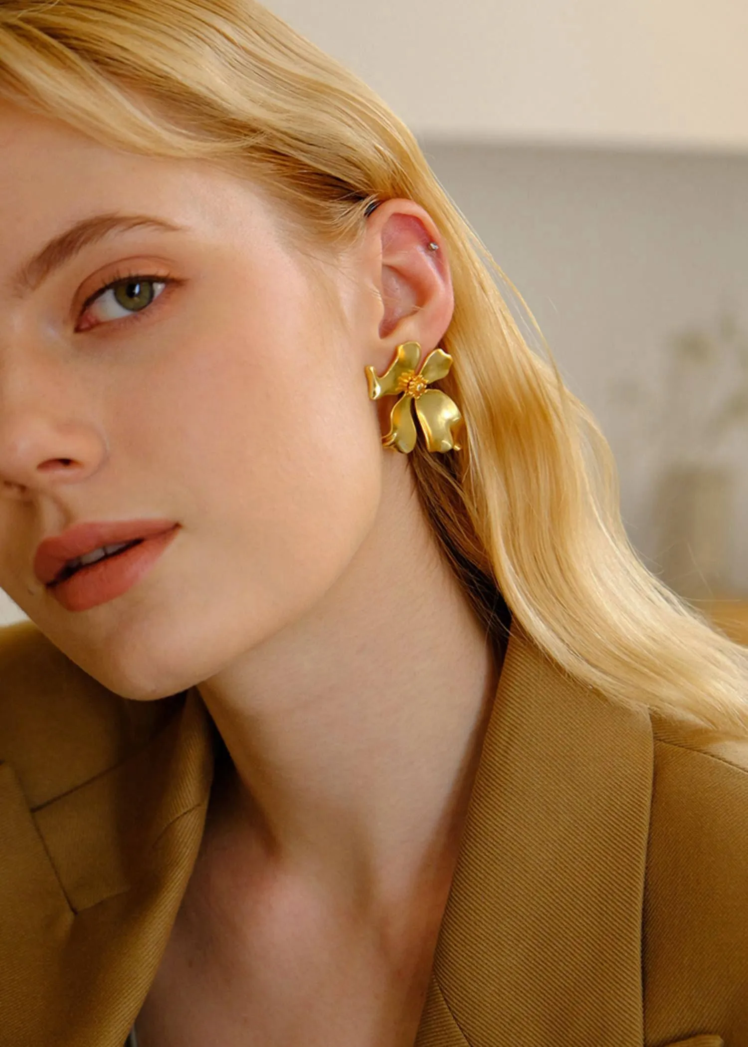 18K Gold Plate Floral Statement Stud Earrings