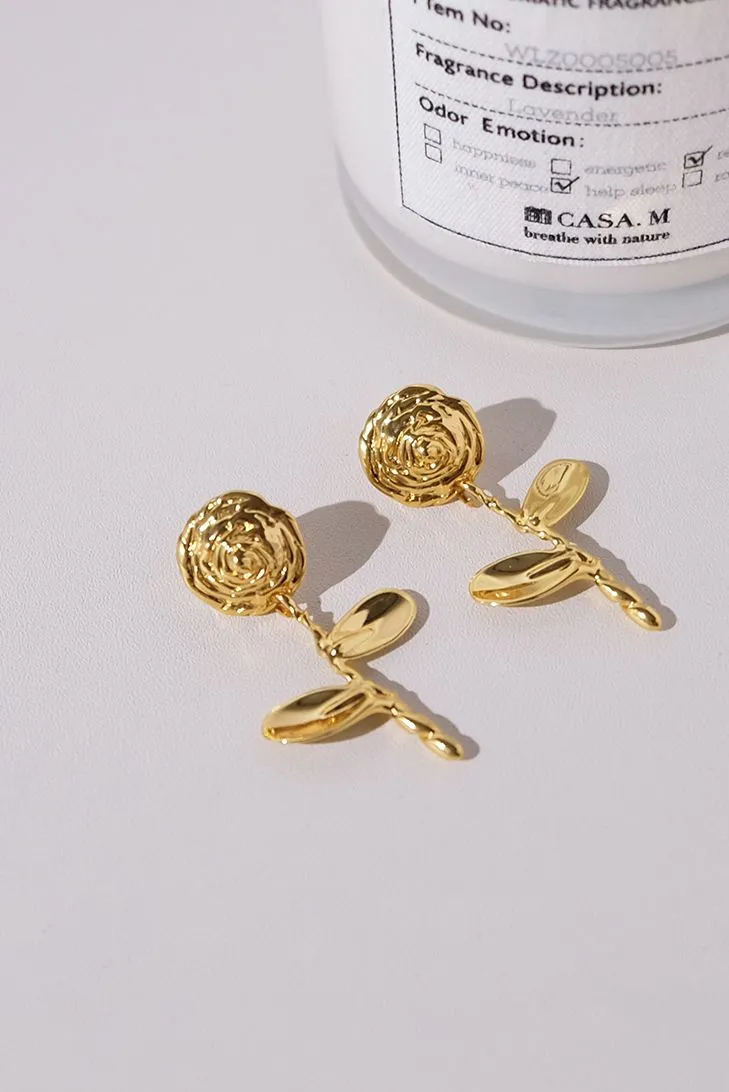 18K Gold Plate Foral Rose Drop Earrings