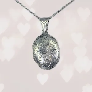 1970s Vintage Sterling Silver Photo Locket. Perfect Secret Message Brides Gift. Floral Etched Pendant.