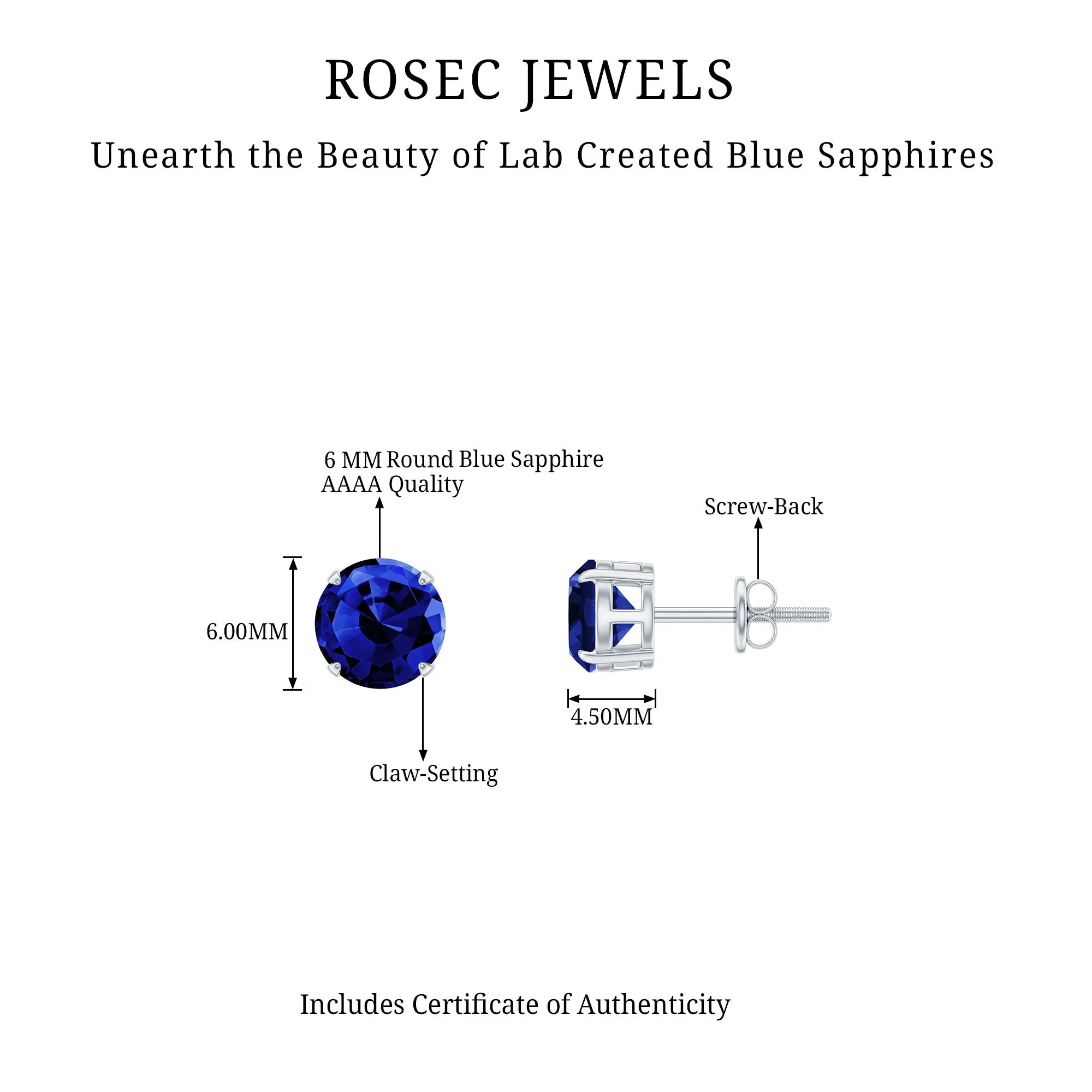 2 CT Solitaire Created Blue Sapphire Round Stud Earrings in Claw Setting