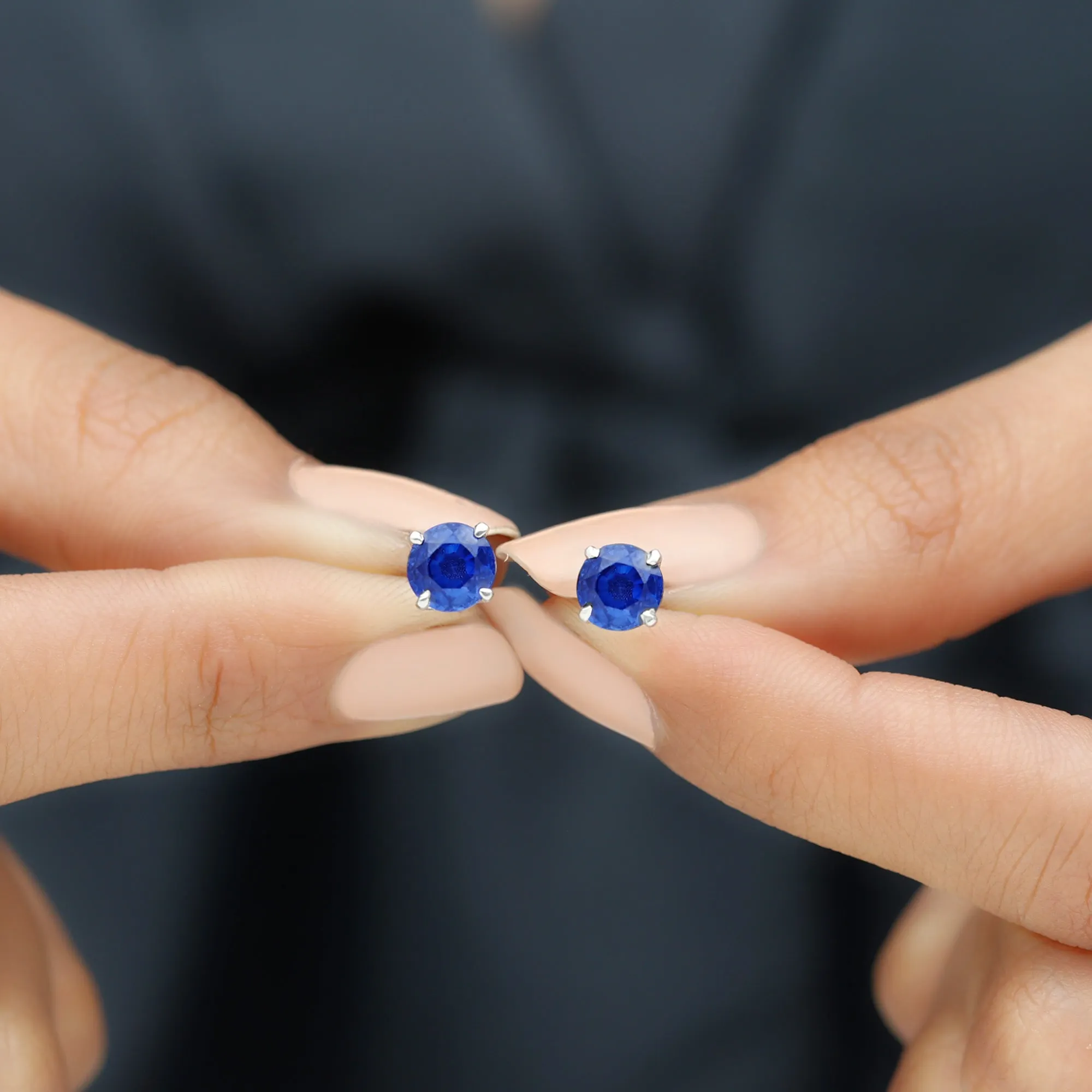 2 CT Solitaire Created Blue Sapphire Round Stud Earrings in Claw Setting