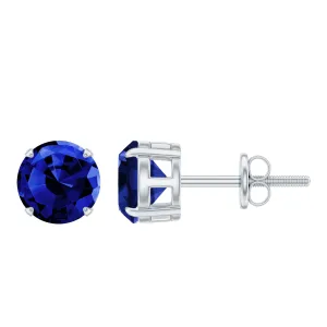 2 CT Solitaire Created Blue Sapphire Round Stud Earrings in Claw Setting