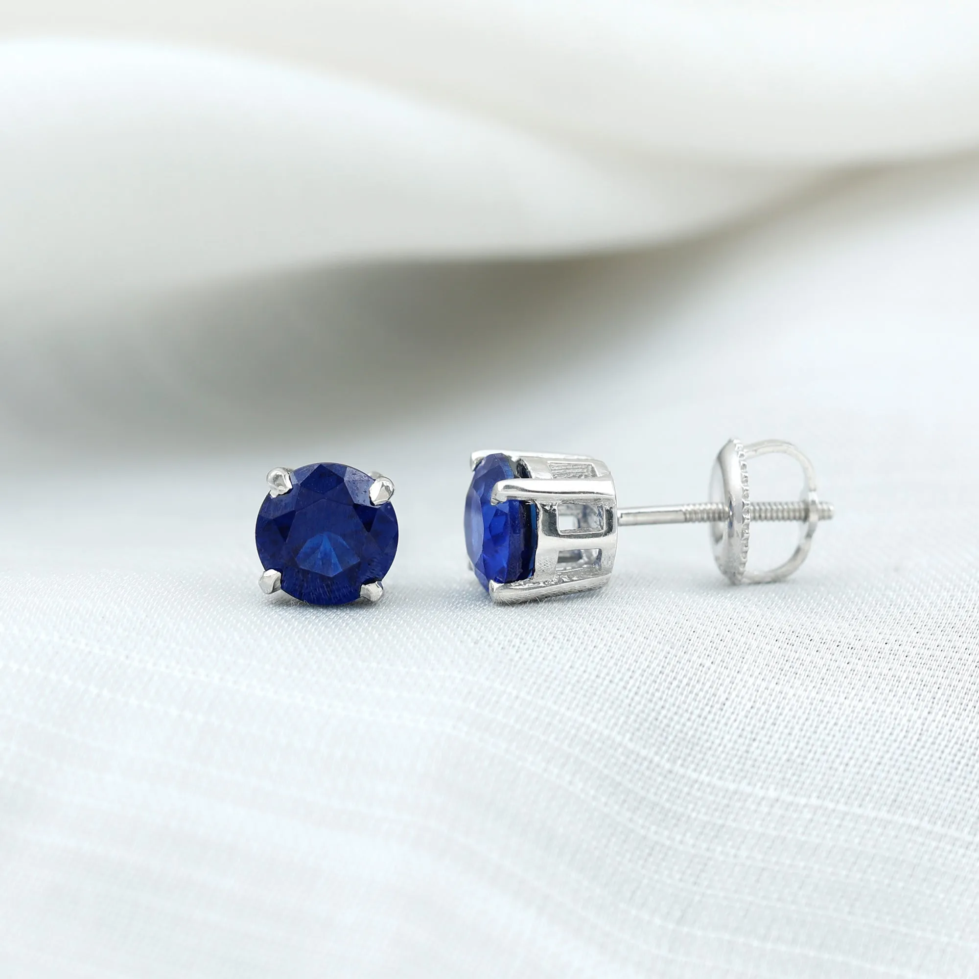 2 CT Solitaire Created Blue Sapphire Round Stud Earrings in Claw Setting