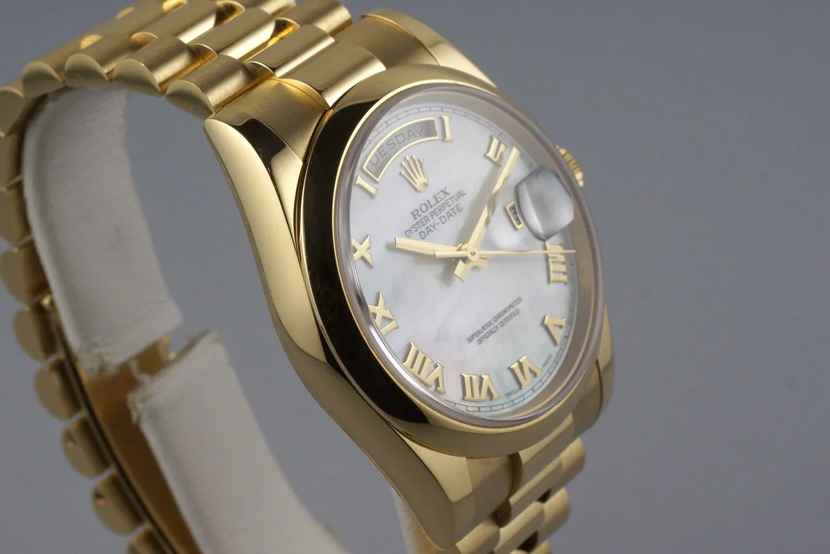 2002 Rolex YG Day-Date 118208 M-O-P Roman Dial with Box and Papers