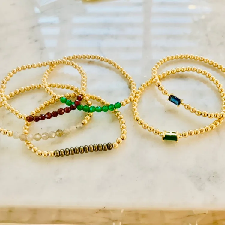 4mm Beaded Bracelet with a Row of Green Jade or Agate Gemstones