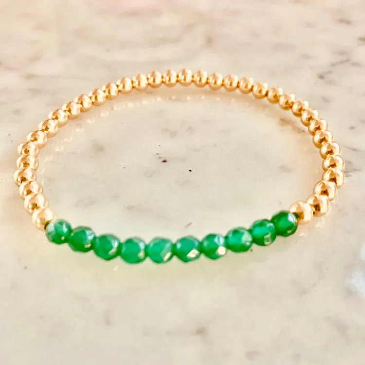 4mm Beaded Bracelet with a Row of Green Jade or Agate Gemstones