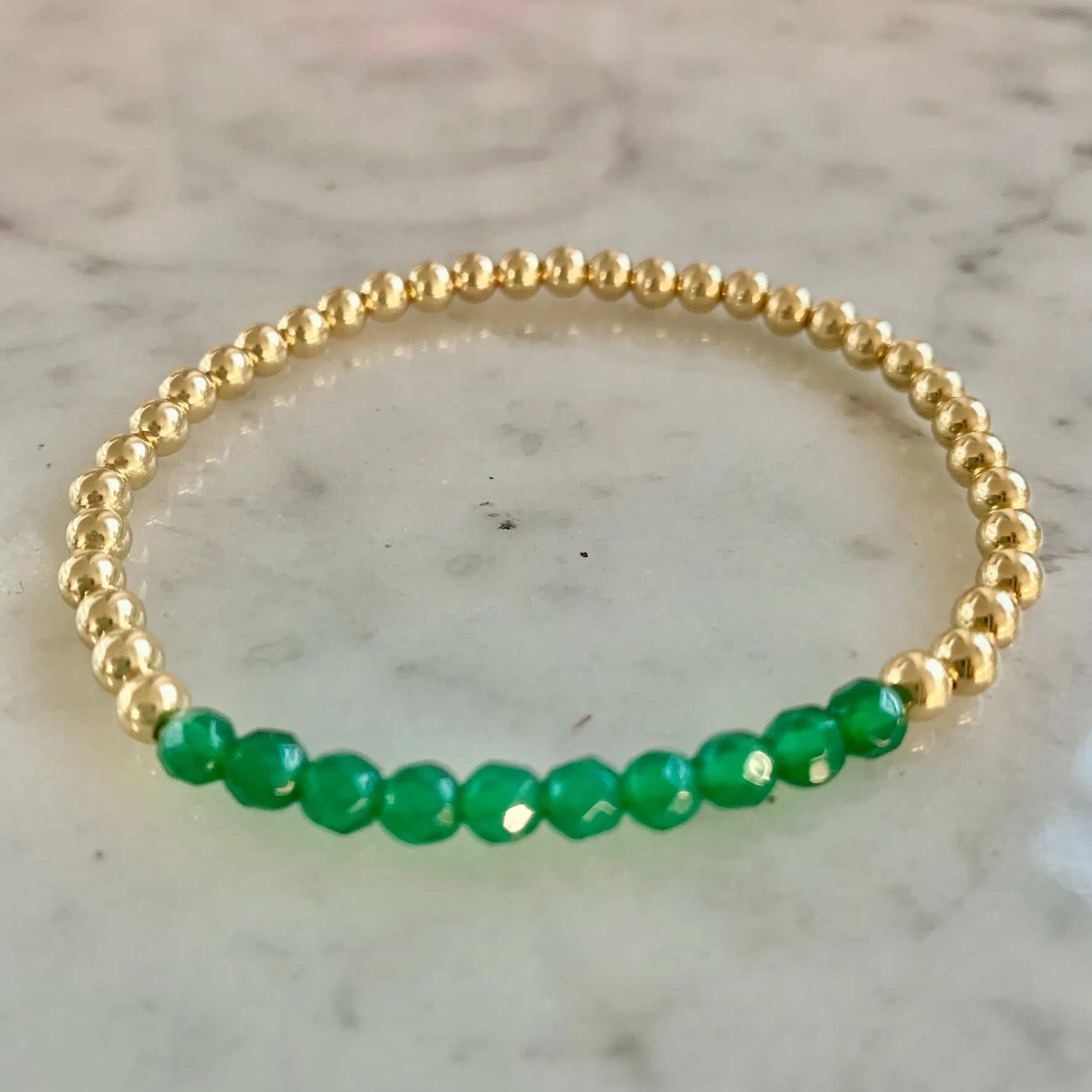 4mm Beaded Bracelet with a Row of Green Jade or Agate Gemstones