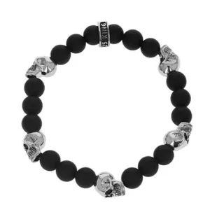 8mm Black Onyx Bracelet w/ 5 Skull Beads