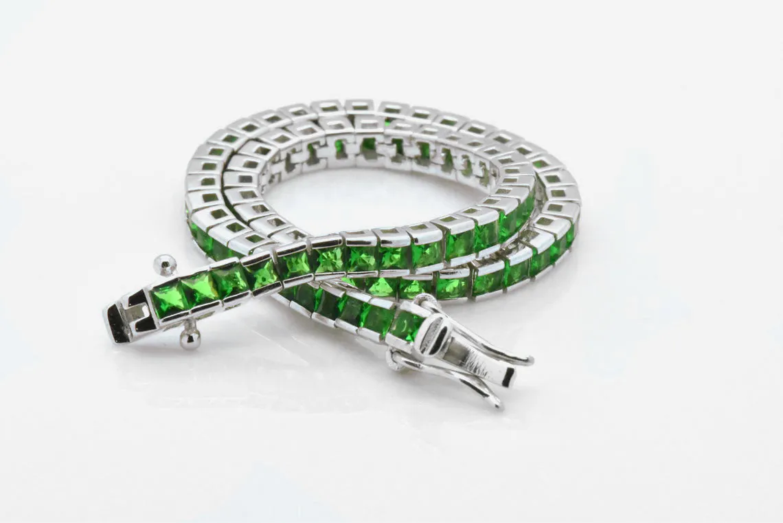 925 Sterling Silver Princess Cut Green Emerald Tennis Bracelet