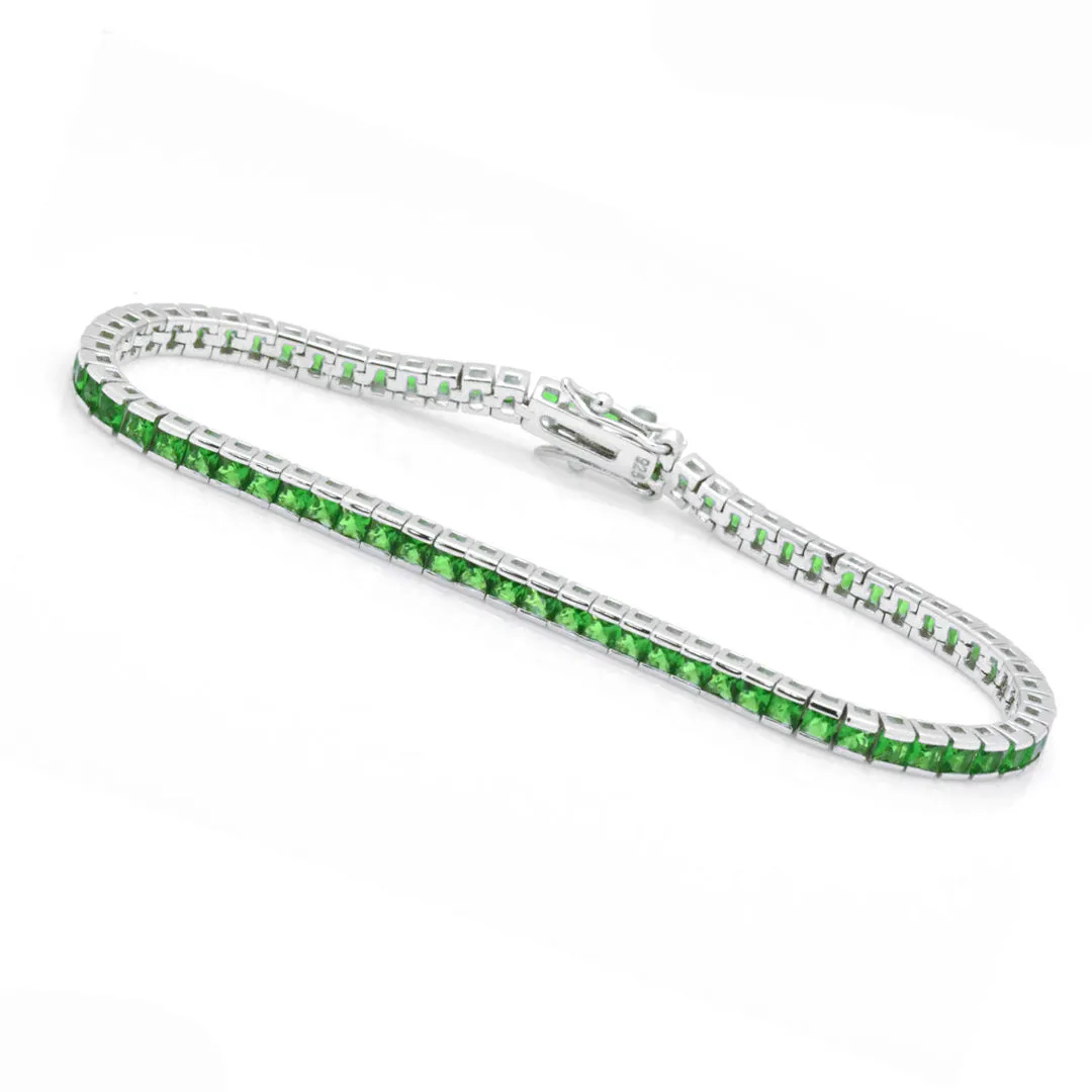 925 Sterling Silver Princess Cut Green Emerald Tennis Bracelet