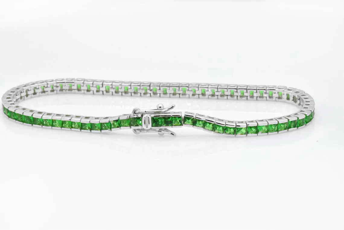925 Sterling Silver Princess Cut Green Emerald Tennis Bracelet