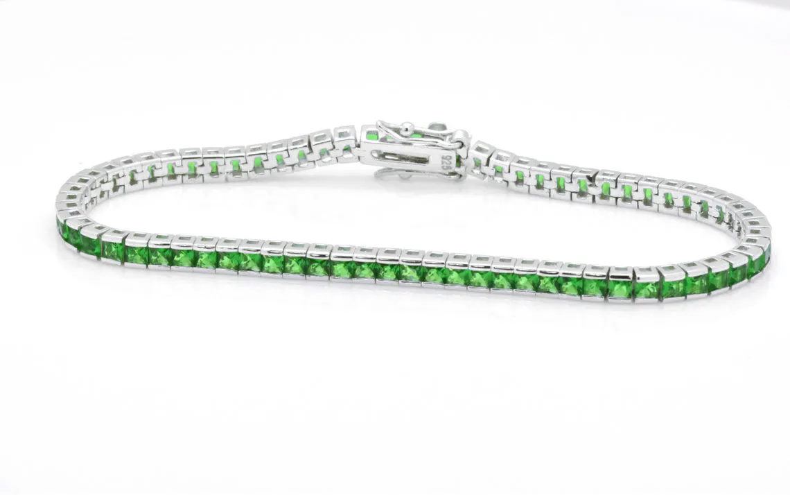 925 Sterling Silver Princess Cut Green Emerald Tennis Bracelet