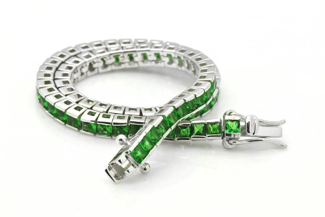 925 Sterling Silver Princess Cut Green Emerald Tennis Bracelet
