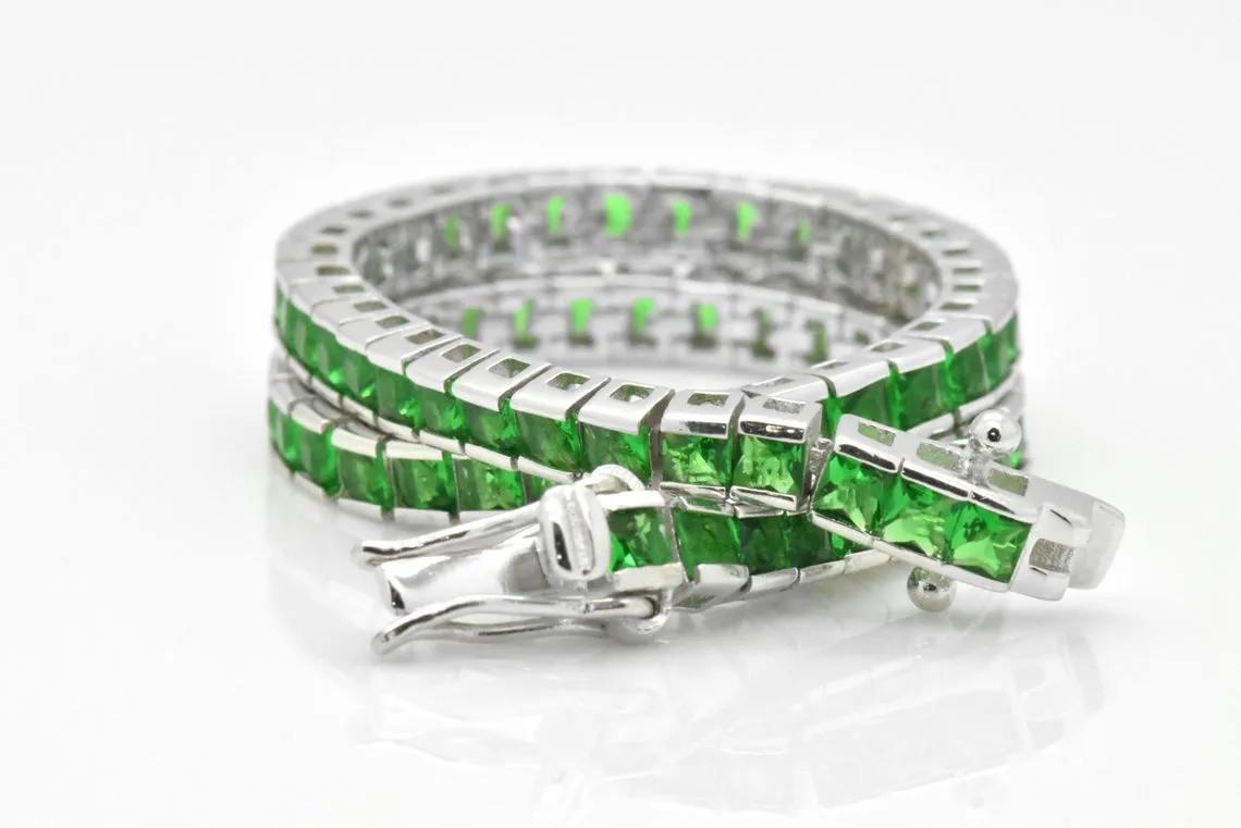 925 Sterling Silver Princess Cut Green Emerald Tennis Bracelet