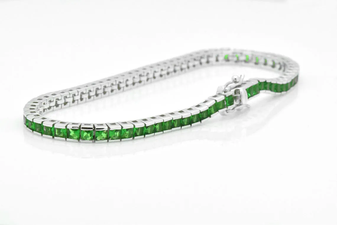 925 Sterling Silver Princess Cut Green Emerald Tennis Bracelet