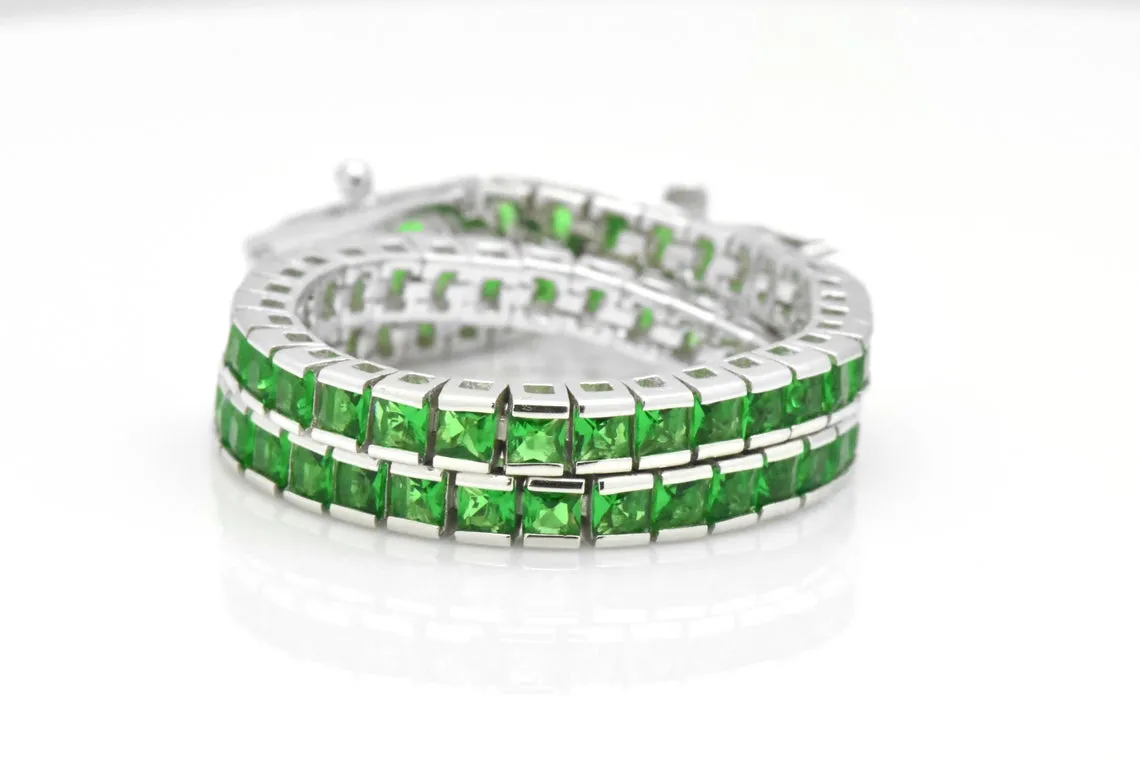 925 Sterling Silver Princess Cut Green Emerald Tennis Bracelet