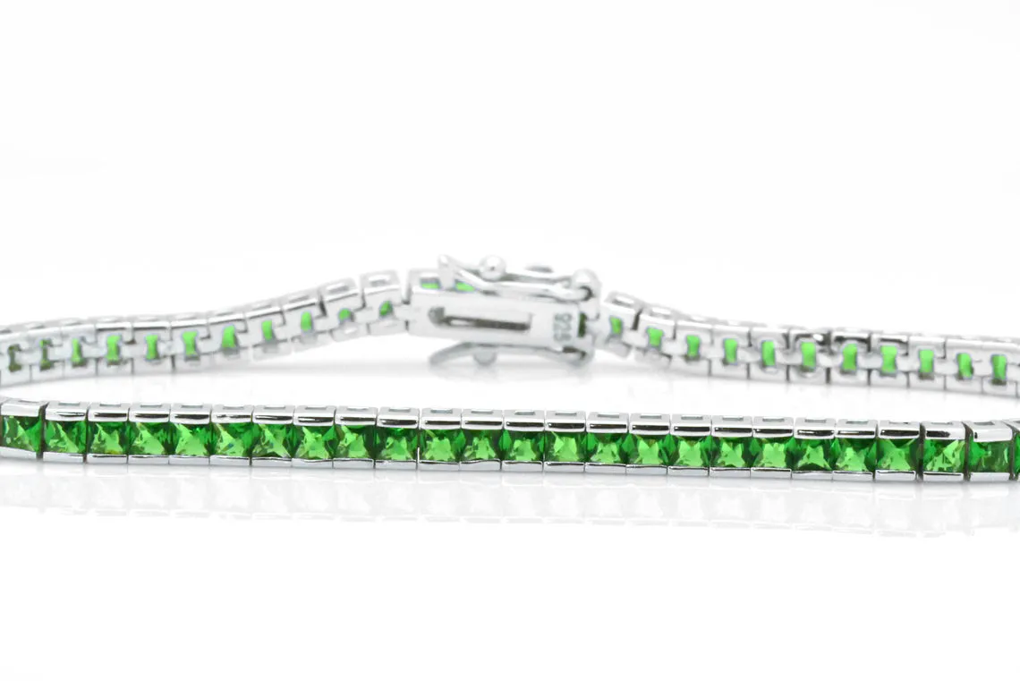 925 Sterling Silver Princess Cut Green Emerald Tennis Bracelet
