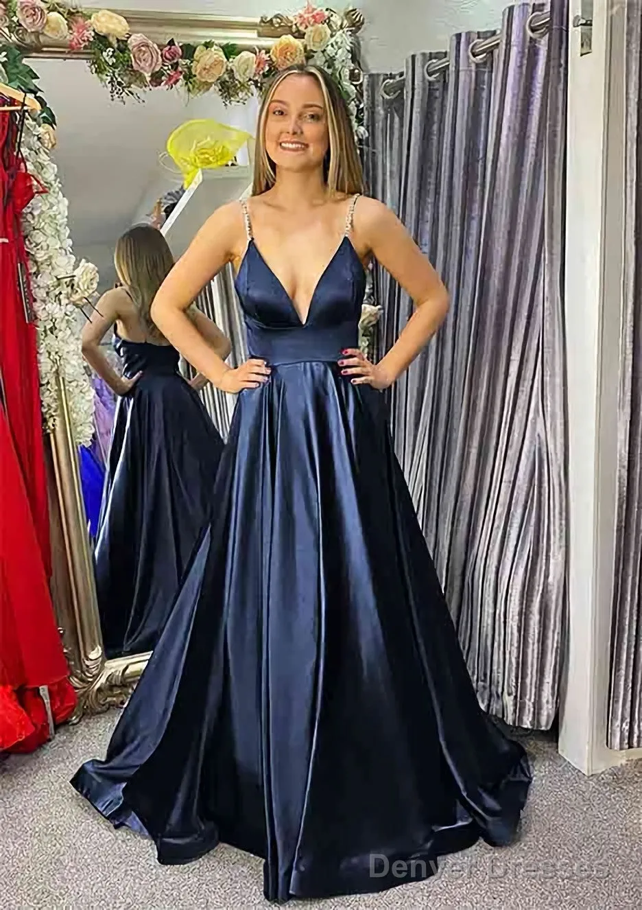 A-line V Neck Sleeveless Satin Sweep Train Prom Dresses With Beading