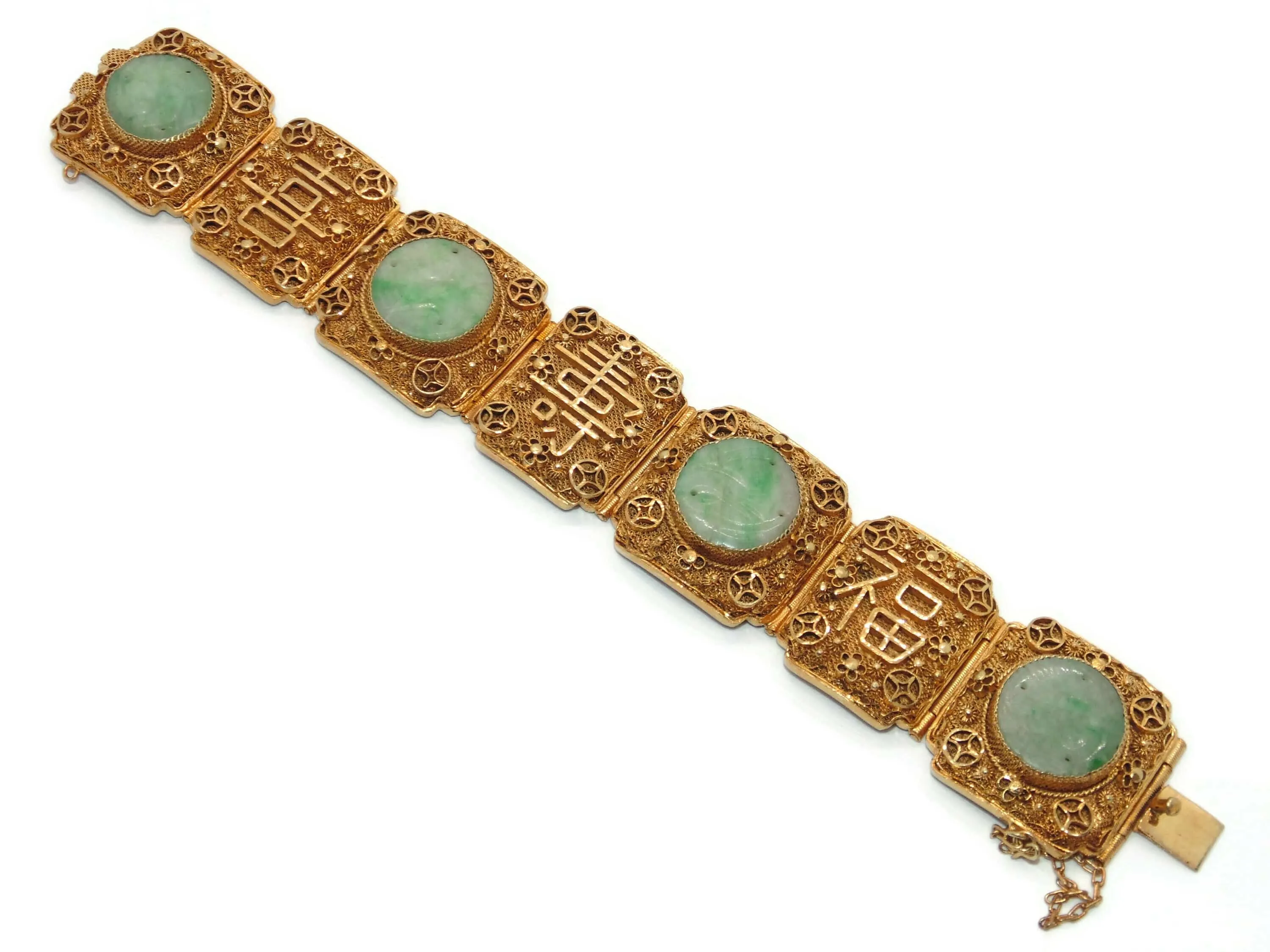 Antique Jade Carved Rounds Wide Panel Bracelet with Chinese Proverbs in Gold Plated