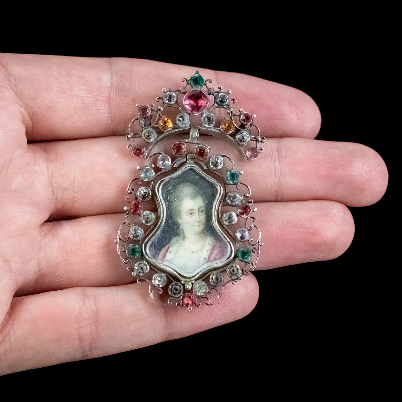 Antique Queen Anne Paste Portrait Brooch Pendant Silver Circa 1710 Boxed