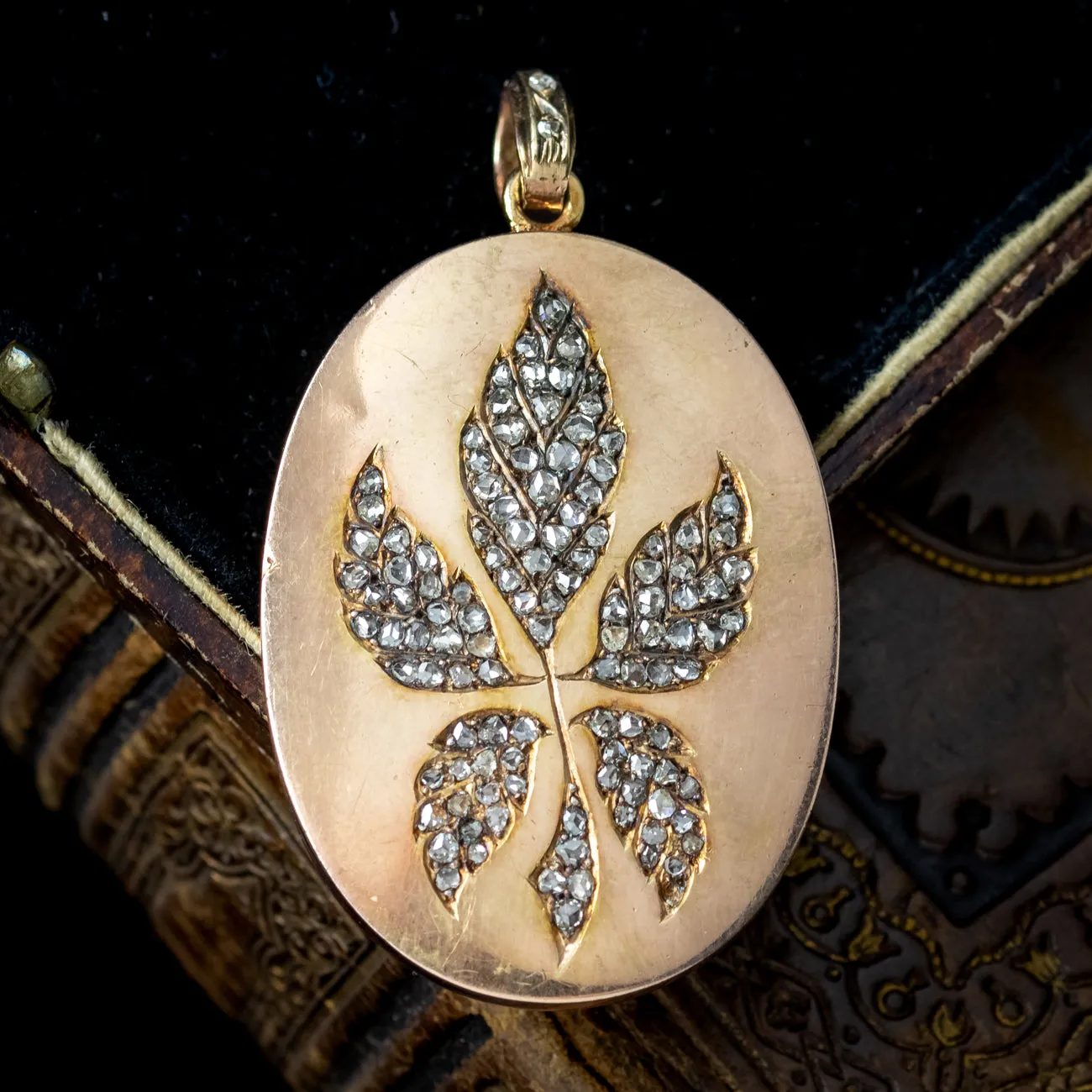 Antique Victorian French Rose Cut Diamond Leaf Pendant 18ct Gold
