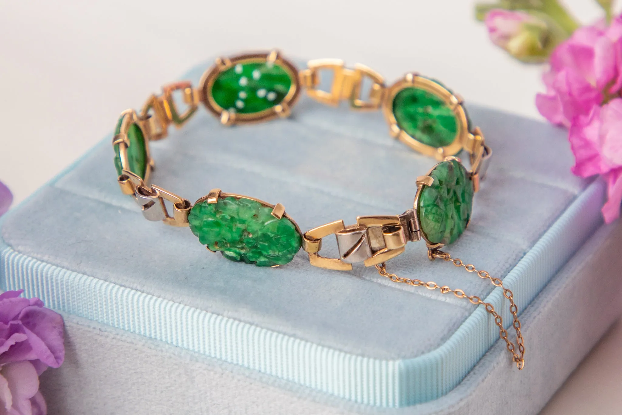 Art Deco 9ct Gold Carved Jade Bracelet