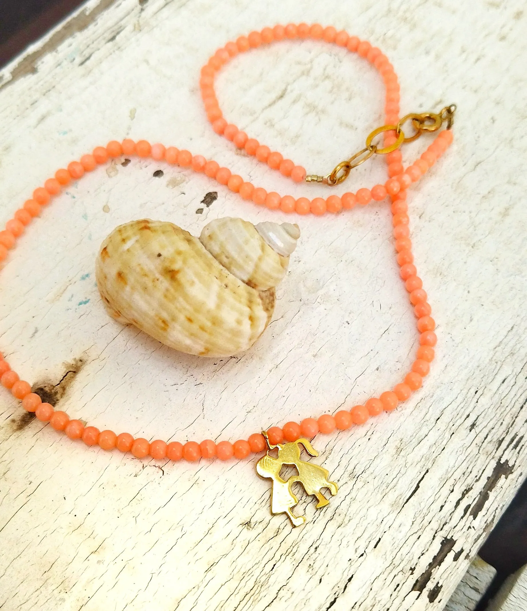 Beaded Gemstone Lovers Necklace, Cute 18k Gold Plated Silver Boy And Girl Charm In Tiny Beads Necklace