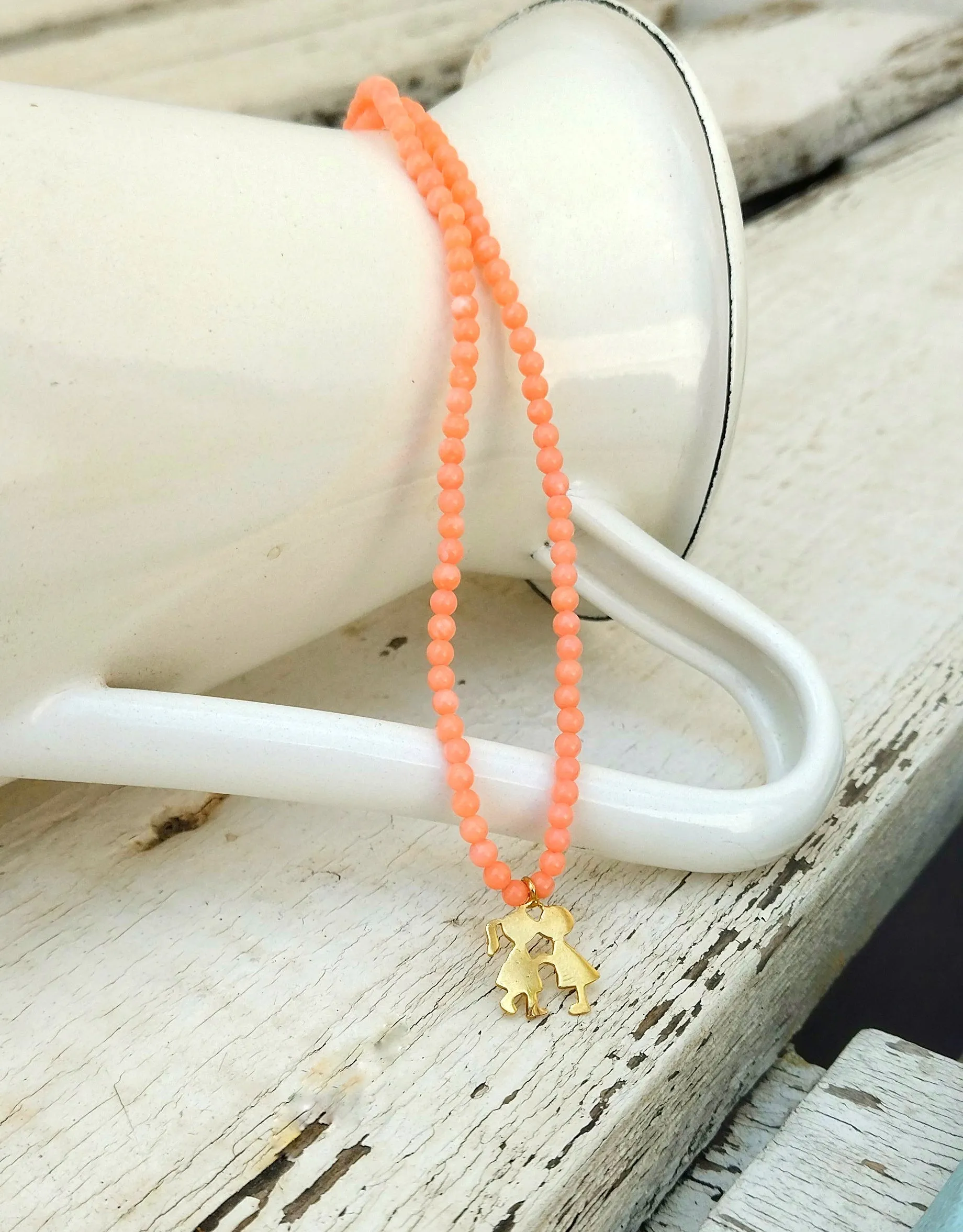 Beaded Gemstone Lovers Necklace, Cute 18k Gold Plated Silver Boy And Girl Charm In Tiny Beads Necklace