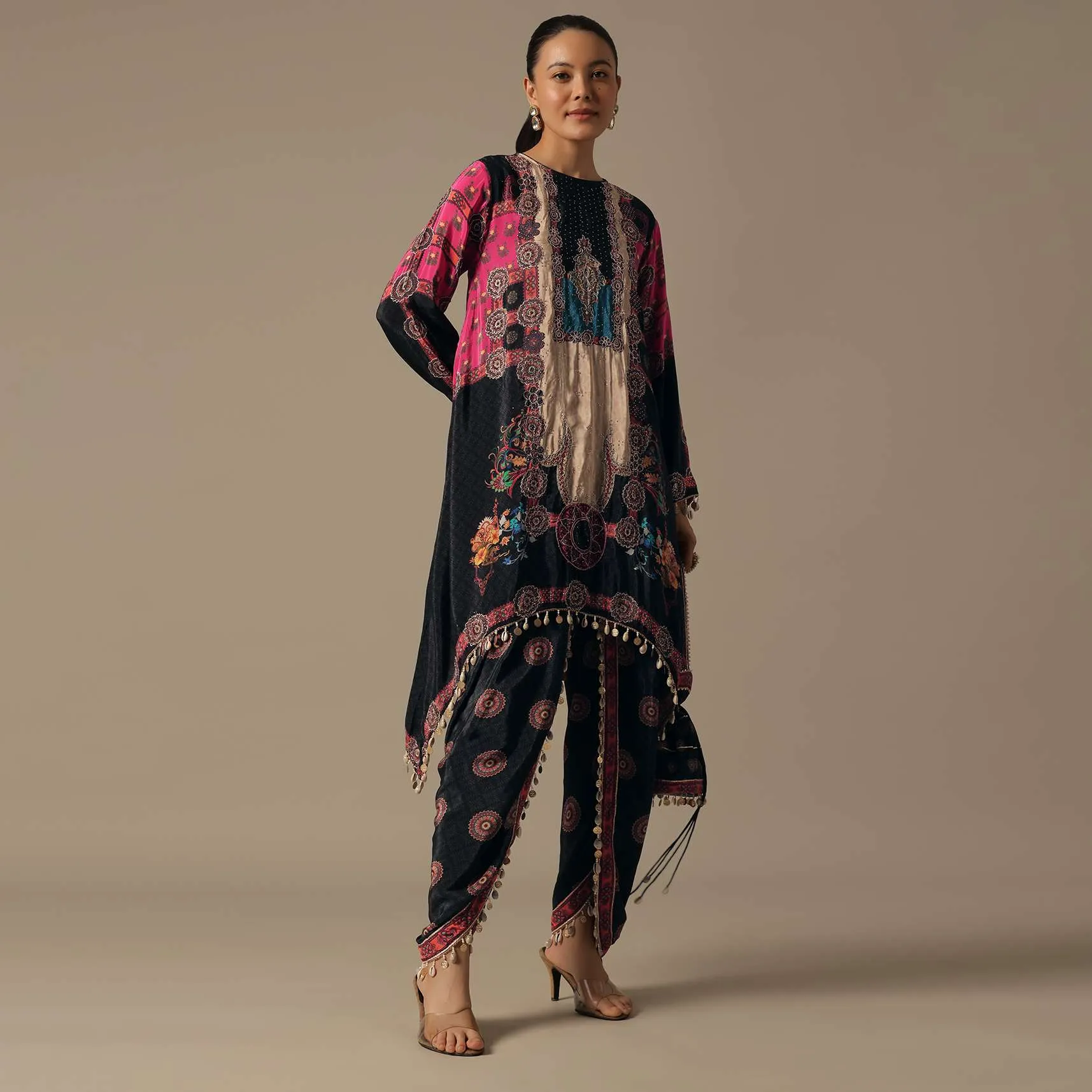 Black Floral Printed Dhoti Set With Potli Bag