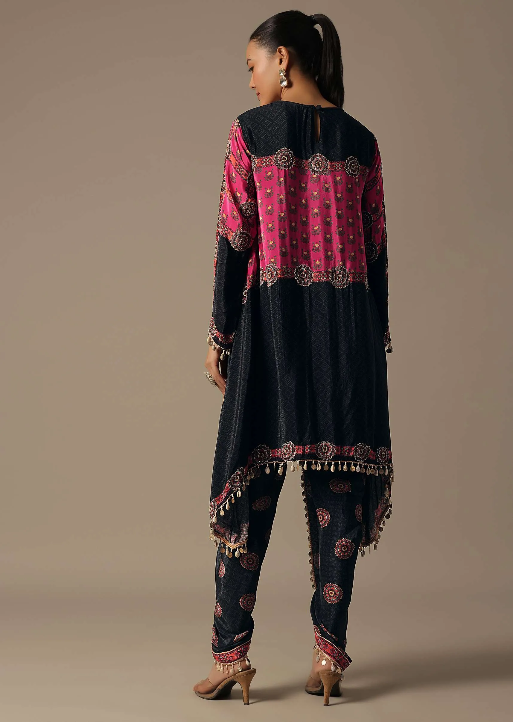 Black Floral Printed Dhoti Set With Potli Bag