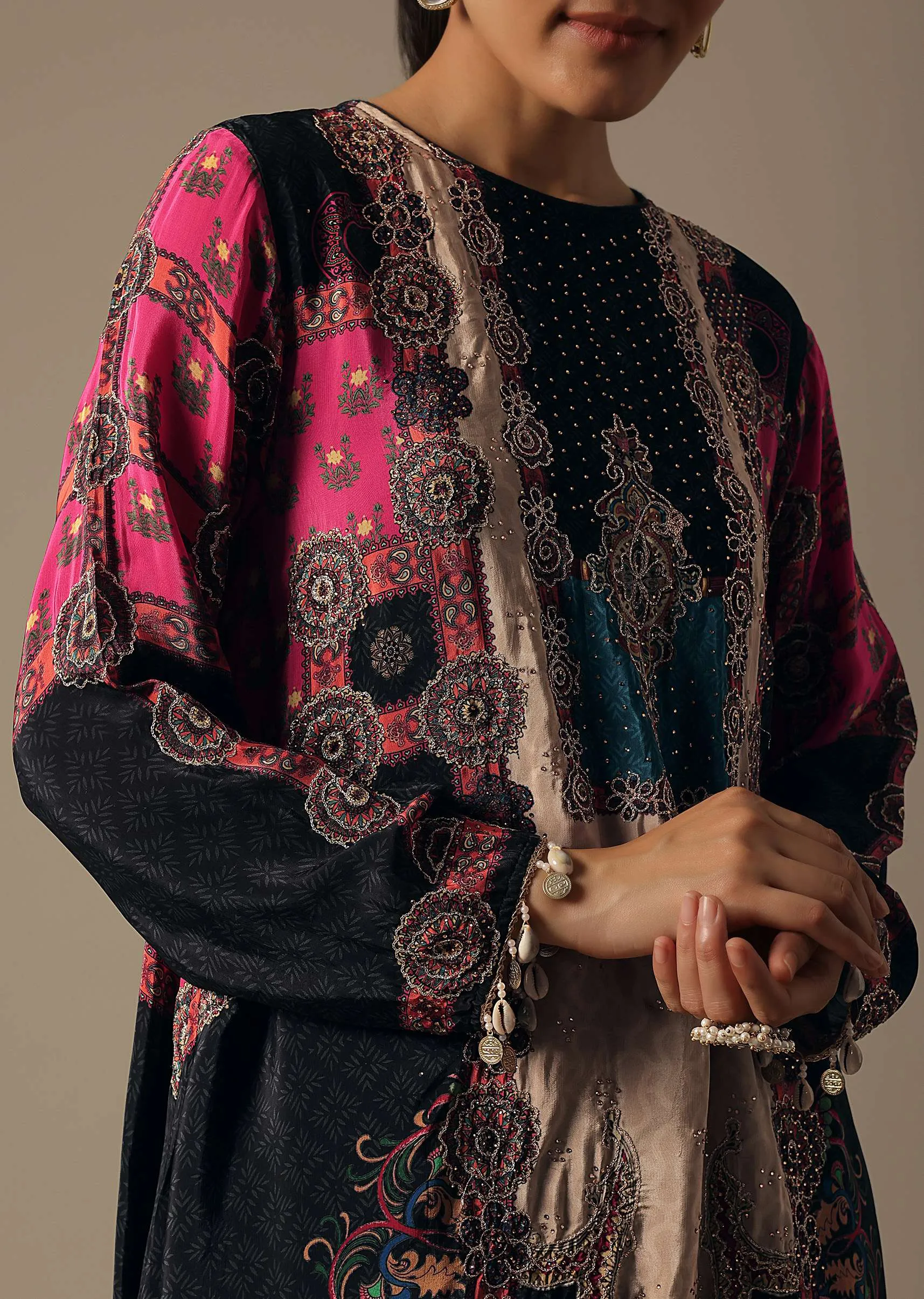 Black Floral Printed Dhoti Set With Potli Bag