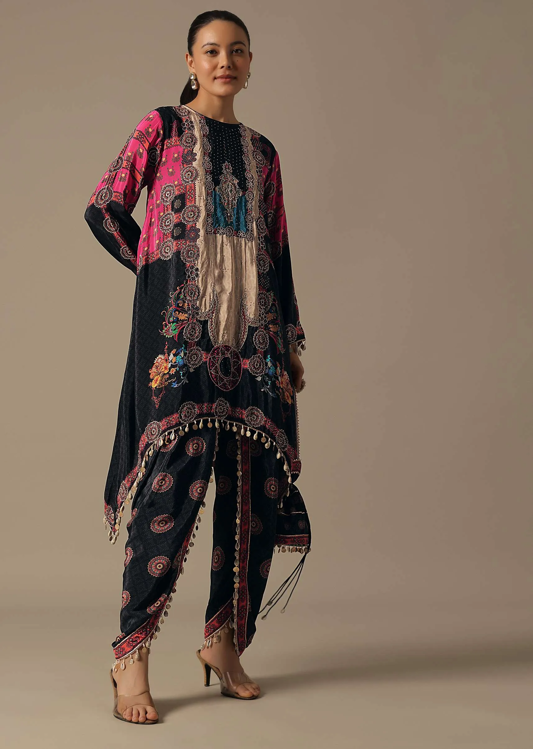 Black Floral Printed Dhoti Set With Potli Bag